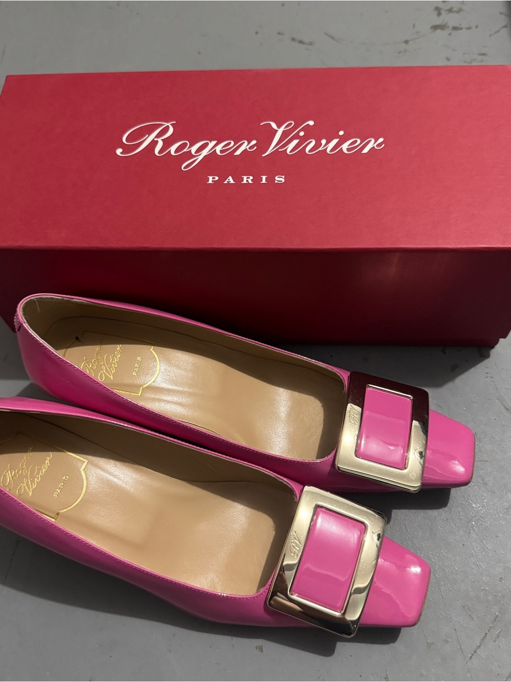 Roger Vivier Pink Patent Leather Square-Toe Buckle Flats